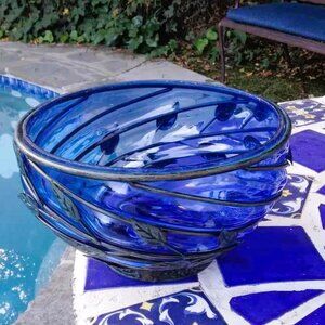 Cobalt Blown Glass Bowl Molded and set into Metal Vine/Leaves Encasement